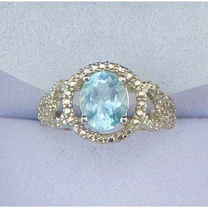 Beautiful Floating Oval Natural Blue Topaz w Textured Detailing / Diamond Accent